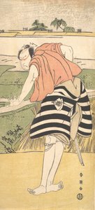 Onoe Matsusuke als ein Mann, der auf einem Pfad durch Reisfelder steht, ca. 1797