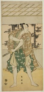 Der Schauspieler Ichikawa Omezo I als Bootsmann Takihei (?) im Stück Ofunamori Ebi no Kaomise (?), aufgeführt im Kawarazaki-Theater (?) im elften Monat, 1792 (?)