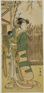 Der Schauspieler Nakayama Tomisaburo I als Lady Tokiwa (Tokiwa Gozen) im Stück Kimmenuki Genke no Kakutsuba, aufgeführt im Ichimura Theater im elften Monat, 1791