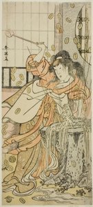 Der Schauspieler Segawa Kikunojo III als Drachenjungfrau verkleidet als Osaku im Stück Sayo no Nakayama Hiiki no Tsurigane, aufgeführt im Nakamura-Theater im elften Monat, 1790