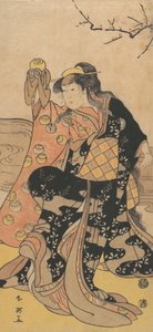 Der vierte Iwai Hanshiro als Frau, die eine Kristallkugel hält und am Ufer tanzt