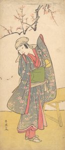 Der vierte Iwai Hanshiro als junges Mädchen, das an einer Holzbank steht, ca. 1790
