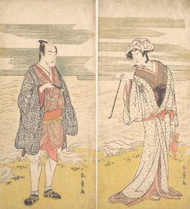 Zwei Schauspieler: der vierte Matsumoto Koshiro als ein Mann in einem kurzen Kimono [links]