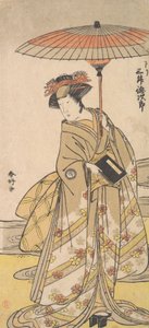 Mimasu Tokujuro als Frau, die in der Nähe eines gewundenen Baches steht, ca. 1780 von Katsukawa Shunko
