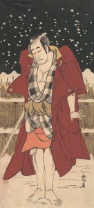 Onoe Matsusuke als bewaffneter Mann, der im Schnee vor einem Zaun steht, 1786 von Katsukawa Shunko