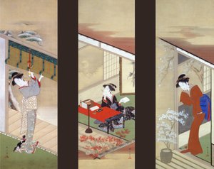 Frauen in den Jahreszeiten Schnee, Mond und Blume von Katsukawa Shunsho