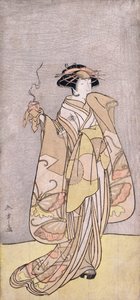 Ganzkörperporträt des Schauspielers Ichikawa Monnosuke II in einer Frauenrolle mit einem Räuchergefäß von Katsukawa Shunsho