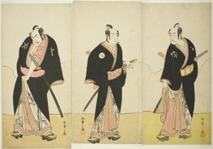 Schauspieler Ichikawa Danjūrō V als Gokuin Sen’emon, Bandō Mitsugorō I als An no Heibei und Nakamura Sukegorō II als Kaminari Shōkurō in „Ein Soga-Drama am ersten Festtag im Vergnügungsviertel“ („Hatsumombi Kuruwa Soga“)