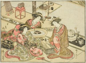 Kurtisanen des Yamashiroya, aus dem Buch "Spiegel der schönen Frauen der Vergnügungsviertel (Seiro bijin awase sugata kagami)", Bd. 2 von Katsukawa Shunsho