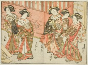 Fünf Kurtisanen verschiedener Häuser, aus dem Buch "Spiegel der schönen Frauen der Vergnügungsviertel (Seiro bijin awase sugata kagami)," Bd. 3