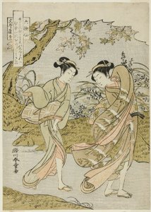 Funya no Yasuhide, zwei Frauen in einer windigen Herbstlandschaft, aus der Serie "Rokkasen (Die sechs unsterblichen Dichter)" von Katsukawa Shunsho
