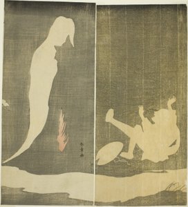 Mann fällt rückwärts, erschrocken von einem Frauengeist über einem Fluss, ca. 1782 von Katsukawa Shunsho