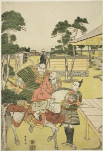 Musashibo Benkei bringt den gefangenen Tosabo Shoshun zu Yoshitsune im Stück Horikawa Youchi no Zu Uki-e Nimaitsuzuki von Katsukawa Shunsho