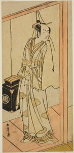 Der Schauspieler Arashi Sangoro II als Friseur Obana Saizaburo im Stück Koi Musume Mukashi Hachijo, aufgeführt im Nakamura Theater im dritten Monat, 1776