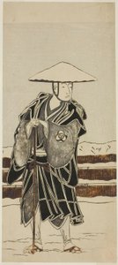Der Schauspieler Bando Mitsugoro I als Abt Saimyo-ji Tokiyori, verkleidet als Mönch, in der Joruri "Onna Hachi no Ki" (Eine weibliche Version von "Die Topfbäume") aus dem zweiten Teil des Stücks Onna Aruji Hatsuyuki no Sekai (Eine Frau als Meister: Die Wel von Katsukawa Shunsho