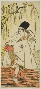 Der Schauspieler Bando Mitsugoro I als Shinto-Priester Goinosuke, verkleidet als Geist eines weißen Reihers, im Stück Sakikaese Yuki no Miyoshino, aufgeführt im Morita-Theater im elften Monat, 1781