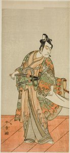 Der Schauspieler Ichikawa Danjuro V als Kudo Kanaishi (?) im Stück Izu-goyomi Shibai no Ganjitsu (?), aufgeführt im Morita-Theater (?) im elften Monat, 1772 (?)