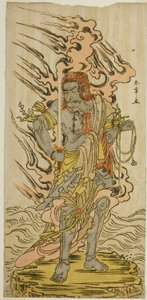 Der Schauspieler Ichikawa Danjuro V als Steinbild von Fudo Myoo im Stück Kitekaeru Nishiki no Wakayaka, aufgeführt im Nakamura Theater im elften Monat, 1780