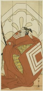 Der Schauspieler Ichikawa Danjuro V in einer "Shibaraku"-Rolle, wahrscheinlich als Kato Hyoeisa Shigemitsu, in der dritten Szene des Stücks Masakado Kammuri no Hatsuyuki (Der erste Schnee auf Taira no Masakados Hofkrone), aufgeführt im Nakamura-Theater im 