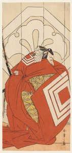 Der Schauspieler Ichikawa Danjuro V in einer "Shibaraku"-Rolle, wahrscheinlich als Kato Hyoeisa Shigemitsu, in der dritten Szene des Stücks Masakado Kammuri no Hatsuyuki (Der erste Schnee auf Taira no Masakados Hofkrone), aufgeführt im Nakamura-Theater im 