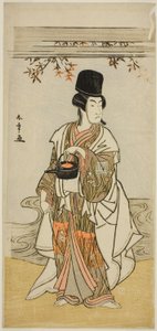 Der Schauspieler Ichikawa Monnosuke II als Hofdiener Shoheida Sadamori im Stück Masakado Kammuri no Hatsuyuki, aufgeführt im Nakamura-Theater im elften Monat, 1777