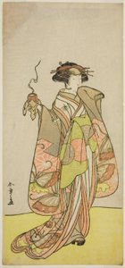 Der Schauspieler Ichikawa Monnosuke II als Kurtisane Kewaizaka no Shosho im Stück Sono Kyodai Fuji no Sugatami, aufgeführt im Morita-Theater im ersten Monat, 1776 von Katsukawa Shunsho