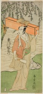 Der Schauspieler Ichikawa Yaozo II als Soga no Juro Sukenari verkleidet als der professionelle Narr Senraku (?) im Stück Soga Moyo Aigo no Wakamatsu (?), aufgeführt im Nakamura Theater (?) im zweiten Monat, 1769 (?)