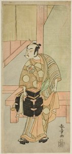 Der Schauspieler Ichimura Uzaemon IX als Friseur Komagata Ikkaku im Stück Fuji no Yuki Kaikei Soga, aufgeführt im Ichimura Theater im ersten Monat, 1770