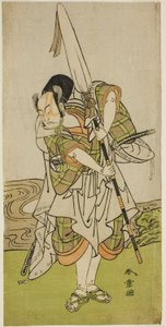 Der Schauspieler Nakamura Juzo II als Asahara Hachiro verkleidet als Diener einer fürstlichen Familie, im Stück Onna Aruji Hatsuyuki no Sekai, aufgeführt im Morita-Theater im elften Monat, 1773