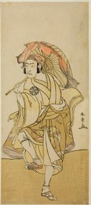 Der Schauspieler Nakamura Nakazo I als Onmaya Kisanda verkleidet als Löwentänzer Kakubei im Stück Chigo Torii Tobiiri Kitsune, aufgeführt im Ichimura-Theater im elften Monat, 1777