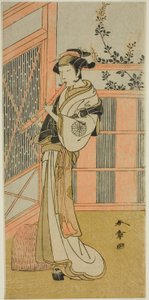 Der Schauspieler Nakamura Noshio I als Misao verkleidet als Komuso im Stück Kosode-gura no Tekubari, aufgeführt im Morita-Theater im zweiten Monat, 1772 (?) von Katsukawa Shunsho