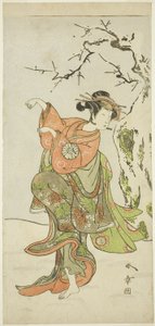 Der Schauspieler Nakamura Noshio I als die Fuchs-Frau von Furui, in einer Tanzsequenz (Shosagoto) im zweiten Teil des Stücks Izu-goyomi Shibai no Ganjitsu, aufgeführt im Morita-Theater ab dem ersten Tag des elften Monats von Katsukawa Shunsho