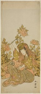 Der Schauspieler Nakamura Noshio I in einem "Shak-kyo Odori" (Steinbrückentanz), im Stück Onna Aruji Hatsuyuki no Sekai, aufgeführt im Morita Theater im elften Monat, 1773