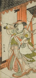 Der Schauspieler Nakamura Tomijuro I als Hangaku Gozen, der das Tor im Stück Wada-gassen Onna Maizuru (Der Wada-Konflikt: Ein Maizuru einer Frau) durchbricht, aufgeführt im Nakamura-Theater ab dem fünfundzwanzigsten Tag des siebten Monats von Katsukawa Shunsho