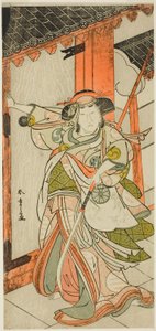 Der Schauspieler Nakamura Tomijuro I als Hangaku Gozen, der das Tor im Stück Wada-gassen Onna Maizuru (Der Wada-Konflikt: Ein Maizuru der Frau) durchbricht, aufgeführt im Nakamura-Theater ab dem fünfundzwanzigsten Tag des siebten Monats, 1777