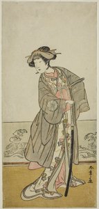 Der Schauspieler Nakamura Tomijuro I als Lady Hangaku (Hangaku Gozen) im Stück Wada-gassen Onna Maizuru, aufgeführt im Nakamura-Theater im siebten Monat, ca. 1777