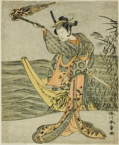 Der Schauspieler Nakamura Tomijuro I als Nagoya Osan im Stück Fuki Kaete Tsuki mo Yoshiwara (Neugedecktes Dach: Der Mond scheint auch über das Vergnügungsviertel Yoshiwara), aufgeführt im Morita-Theater im elften Monat, 1771