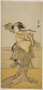 Der Schauspieler Nakamura Tomijuro I als weiblicher Fuchs vom Berg Ubagadake im Stück Chigo Torii Tobiiri Kitsune, aufgeführt im Ichimura Theater im elften Monat, 1777