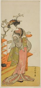 Der Schauspieler Nakamura Tomijuro I als Kellnerin Otake im Stück Chigo Suzuri Aoyagi Soga, aufgeführt im Nakamura-Theater im ersten Monat, 1777 von Katsukawa Shunsho