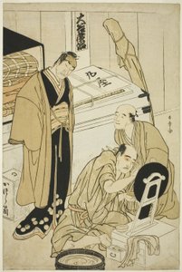 Der Schauspieler Otani Hiroji III in seiner Garderobe, assistiert von Otani Tokuji I (?) und beobachtet von Nakamura Nakazo I (?) von Katsukawa Shunsho