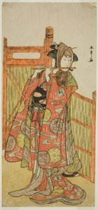 Der Schauspieler Segawa Kikunojo III als Kojoro-gitsune verkleidet als Floristin Okiku im Stück Mure Takamatsu Yuki no Shirahata, aufgeführt im Ichimura-Theater im elften Monat, 1780
