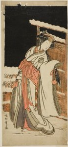 Der Schauspieler Segawa Kikunojo III als Lady Shizuka (Shizkua Gozen) verkleidet als Tamazusa im Stück Chigo Torii Tobiiri Kitsune, aufgeführt im Ichimura Theater im elften Monat, 1777