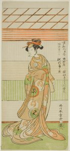 Der Schauspieler Segawa Kikunojo II als Kurtisane Maizuru im Stück Furisode Kisaragi Soga, aufgeführt im Ichimura-Theater im zweiten Monat, 1772 von Katsukawa Shunsho