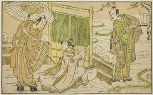 Die Schauspieler Arashi Sangoro II als Minamoto no Yoritomo (rechts), Segawa Kikunojo II als Yuki Onna (Mitte) und Ichimura Uzaemon IX als Kajiwara Genta no Kagetoki, im Stück Myoto-giku Izu no Kisewata, aufgeführt im Ichimura Theater im elften Monat von Katsukawa Shunsho