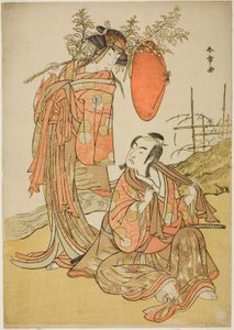 Die Schauspieler Ichikawa Monnosuke II und Segawa Kikunojo III als die Liebenden Seijuro (rechts) und Onatsu (links), in der Fluchtszene "Michiyuki Hiyoku no Kiku-cho" (Eine Flucht: Chrysanthemen-und-Schmetterlings-Liebesvögel), ein Tanzintermezzo aus Teil