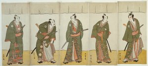 Die Schauspieler Ichikawa Monnosuke II als Karigane Bunshichi, Bando Mitsugoro I als An no Heibei, Ichikawa Danjuro V als Gokuin Sen