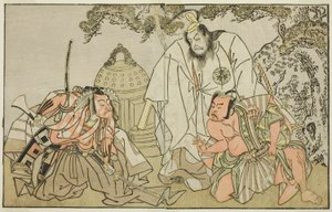 Die Schauspieler Nakajima Mihoemon II als Aramaki Mimishiro (rechts), Matsumoto Koshiro II als Otomo no Yamanushi (Mitte) und Ichikawa Danzo III als Hannya no Goro (links), im Stück Kuni no Hana Ono no Itsumoji, aufgeführt im Nakamura-Theater im elften Mon von Katsukawa Shunsho