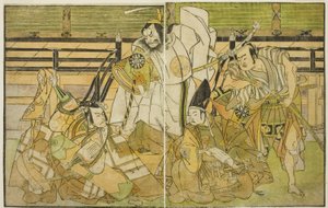Die Schauspieler Nakamura Denkuro II als Seno-o Taro, Ichikawa Komazo II als Yorimasa, Nakamura Nakazo I als Taira no Kiyomori und Ichikawa Danjuro V als Kiou Takiguchi (von rechts nach links), im Stück Nue no Mori Ichiyo no Mato, aufgeführt im Nakamura-Th