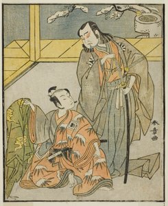 Die Schauspieler Nakamura Denkuro II als Suma no Dairyo (rechts) und Ichikawa Komazo II als Ariwara no Yukihira (links), im Stück Kuni no Hana Ono no Itsumoji, aufgeführt im Nakamura-Theater im elften Monat, 1771