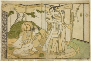 Die Schauspieler Nakamura Nakazo I als Taira no Kiyomori (rechts) und Yamashita Kinsaku II als Tokiwa Gozen (links), im Stück Nue no Mori Ichiyo no Mato, aufgeführt im Nakamura-Theater im elften Monat, 1770 von Katsukawa Shunsho